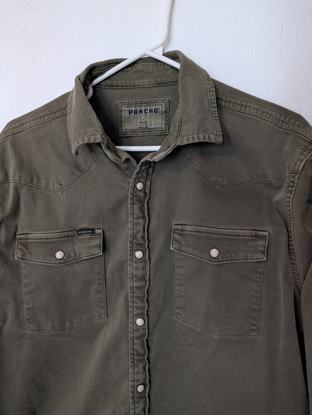 Poncho The Falfurrias Western Denim Pearl Snap Shirt Mens M Olive Green Slim Fit - Picture 2 of 7